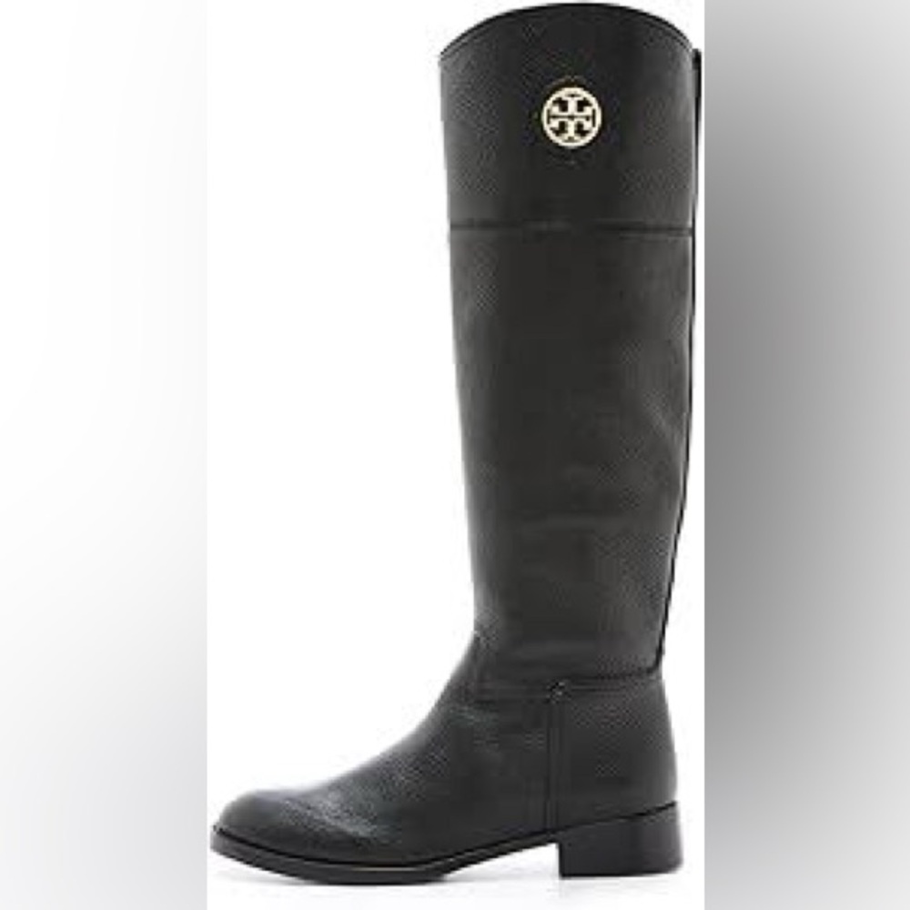 Tory Burch Junction Black Pebbled Leather Tall Riding Boots Gold Logo Size 7 - Picture 2 of 13